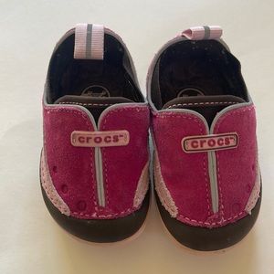 Pink and brown baby girl crocs